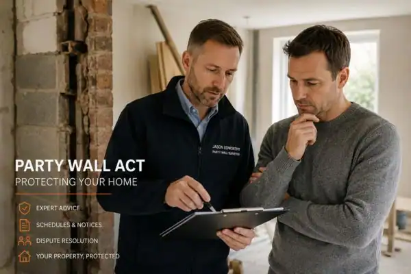 Party wall surveyor Bracknell discussing extension plans with homeowner outside a UK semi-detached house.